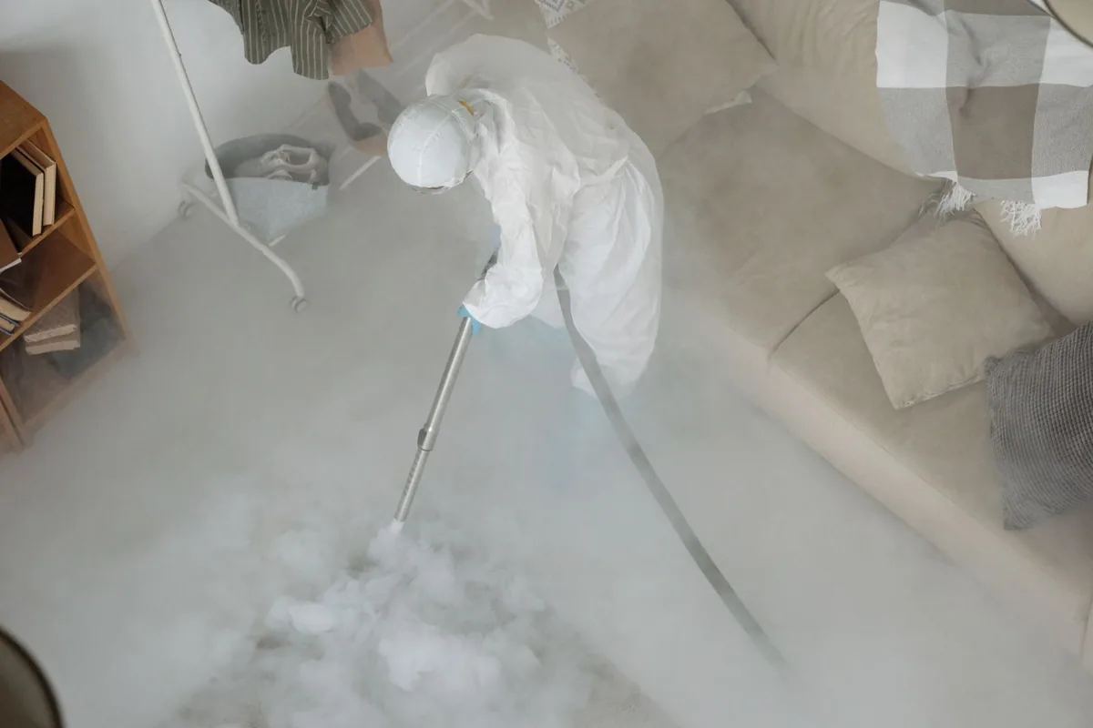 Biohazard cleanup technician in protective equipment, Dumfries, VA